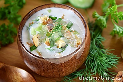 Cold soup Tarator with kefir in a wooden bowl Stock Photo