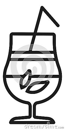 Cold summer drink icon. Cocktail with mint leaves and drinking straw Vector Illustration