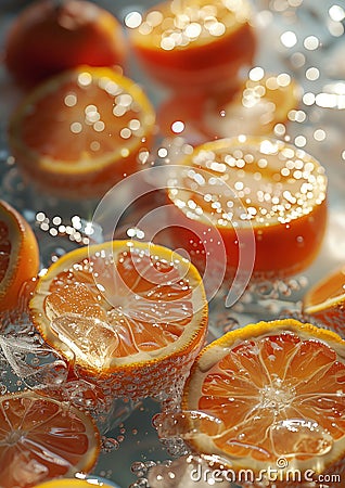 Cold tonic with ice cubes and fresh orange slices - Ideal Summer Beverage for Cooling Off. Capturing the Essence of Food and Stock Photo