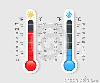 Cold warm thermometer. Temperature weather thermometers with celsius and fahrenheit scale. Thermostat meteorology vector Vector Illustration