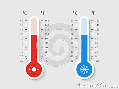 Cold warm thermometer. Temperature weather thermometers celsius fahrenheit meteorology scale, temp control device flat Vector Illustration