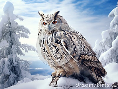 Cold winter with rare bird. Big Eastern Siberian Eagle Owl Bubo bubo sibiricus sitting on hillock with snow in the forest. Cartoon Illustration