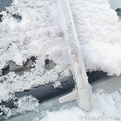 Cold winter thirty-five-degree frost. Thermometer close-up, - 35 degrees celsius below zero. Stock Photo