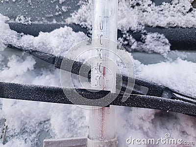 Cold winter thirty-five-degree frost. Thermometer close-up, - 35 degrees celsius below zero. Stock Photo