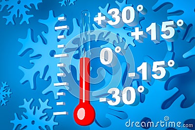 Cold winter weather concept. Thermometer measuring air temperature isolated blue snowflakes background Stock Photo