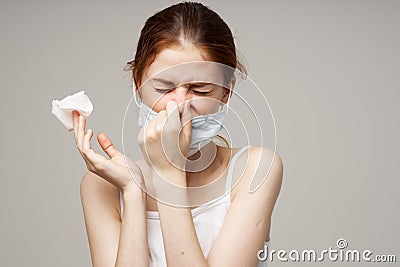 cold woman wearing medical mask infection health problems Stock Photo