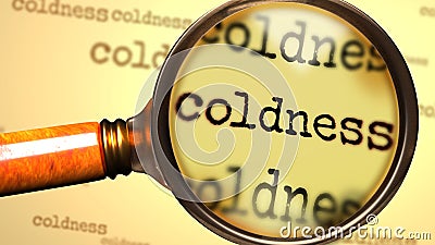 Coldness and a magnifying glass on English word Coldness to symbolize studying, examining or searching for an explanation and Cartoon Illustration