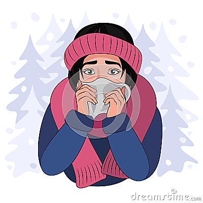 Girl sneezes, illness, respiratory disease Vector Illustration