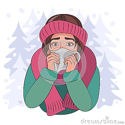 Colds, seasonal flu. Girl sneezes, illness, respiratory disease Vector Illustration