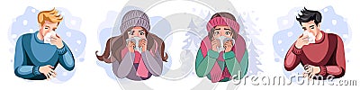 Colds, seasonal flu. Set of different sick young people, boys and girls Vector Illustration