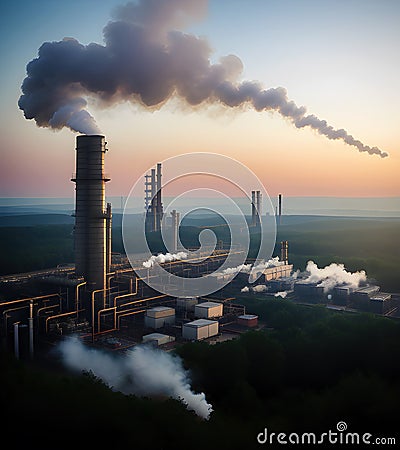Cole power plant industry chimney releases dirty carbon monoxide smoke into air, generative ai Cartoon Illustration