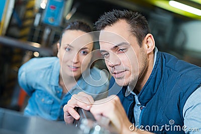 2 coleagues at work in steel factory Stock Photo