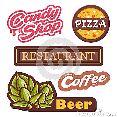 Colection vector emblems - isolated labels vector illustration. Logo for pizza, candy shop, beer, coffee, restourant. Vector Illustration