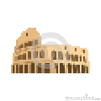 Coliseum pixel art. Rome landmark 8 bit. Italy showplace Pixelate 16bit. Old game computer graphics style Vector Illustration