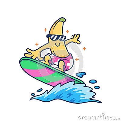 Coll Banana Playing Surfing. Fruit Vector Icon Illustration, Isolated on Premium Vector Vector Illustration