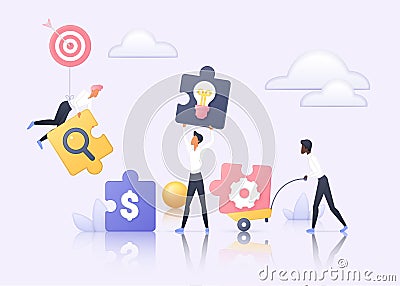 Collaboration of business partners, tiny team of people holding puzzle pieces to connect Vector Illustration