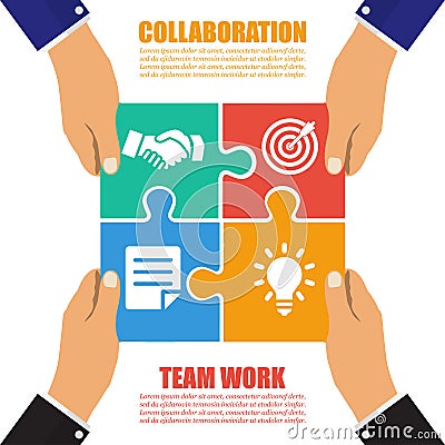 Collaboration concept. Cooperation, teamwork. Successful solution puzzle. Symbol of partnership. Vector, flat design Vector Illustration