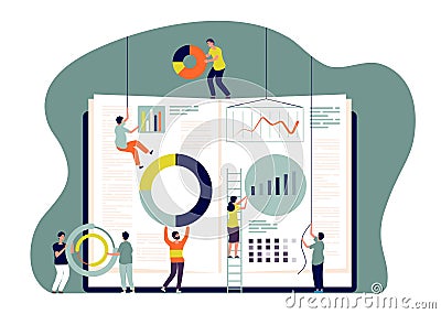 Collaboration concept. People insert charts into book, employees build business metrics. Cooperate and learn together Vector Illustration