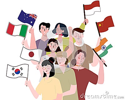 Collaboration between country concept people holding national flag white isolated background with flat cartoon style Vector Illustration