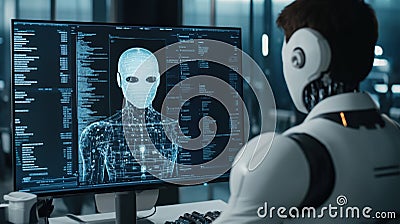 Collaboration between human and artificial intelligence in a futuristic workspace setting. Generative AI Stock Photo