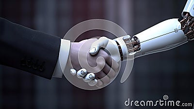 Collaboration of Innovation Robot and Businessman in Handshake, Symbolizing Human-Robot Relationships. created with Generative AI Stock Photo