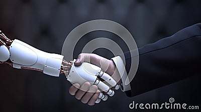 Collaboration of Innovation Robot and Businessman in Handshake, Symbolizing Human-Robot Relationships. created with Generative AI Stock Photo