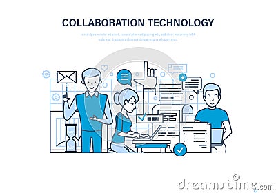 Collaboration technology. Cooperation, partnerships, teamwork, sales, research and marketing. Vector Illustration