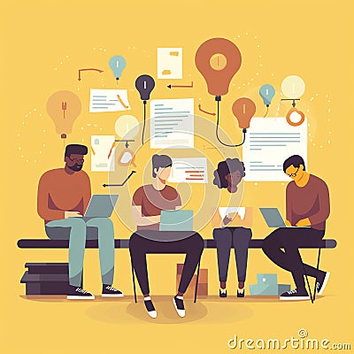 Collaborative Learning: Students working together on a project or assignment using mobile devices to share notes, brainstorm ideas Stock Photo