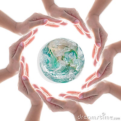 Collaborative people`s hands surrounding globe world map for community empowerment concept Stock Photo