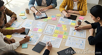 UX UI Team Brainstorming: Collaborative Mobile App Design & Development Strategy with Wireframes, Sketches, and Sticky Notes Stock Photo