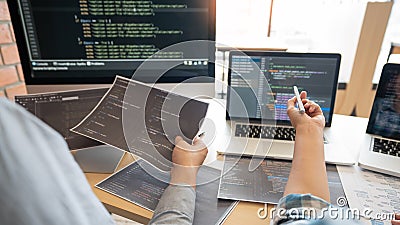 Collaborative work Software engineers website developer technologies or programmer working coding on startup ai application Stock Photo