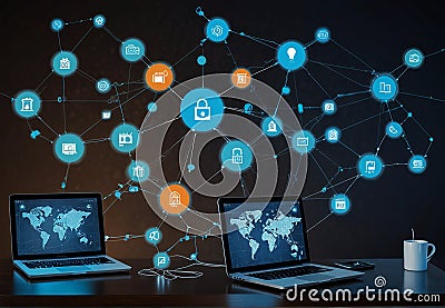 Digital screens showing real-time cloud computing analytics and metrics, DevOps Stock Photo