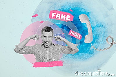 Collage aggressive man fingers close ears stop propaganda listening telephone scam people russia war ukraine isolated on Stock Photo