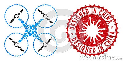 Collage Air Copter Icon with Coronavirus Distress Designed in China Stamp Vector Illustration