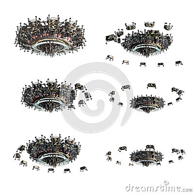 Collage of alien spaceships with drones Cartoon Illustration