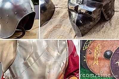 Collage ammunition medieval warrior set chain mail cuirass, helmet with visor and shield Stock Photo