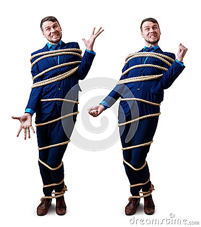 Collage of angry businessman tied up with rope trying escape. Stock Photo