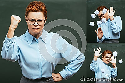 Collage of angry teacher standing with Stock Photo