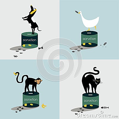 Collage of animals standing on a donation box Vector Illustration