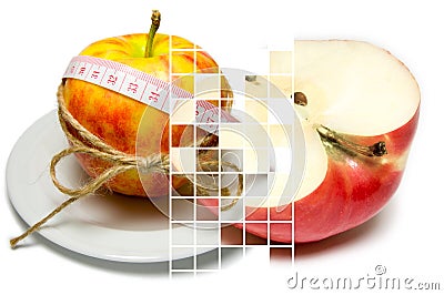 Collage of apple surrounding of measuring tape tied with twine a Stock Photo