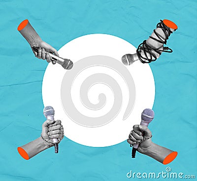 Collage art, lots of hands with microphones on a white and blue paper background Stock Photo