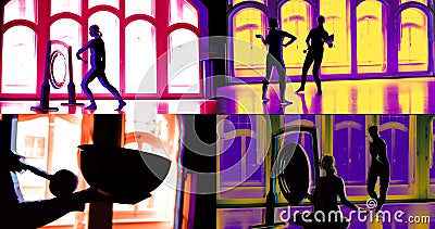 Collage of art silhouettes of young girls who dance in a large hall, as well as making sound vibrations, using bowls and Stock Photo