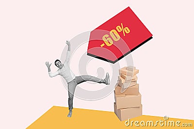 Collage artwork of funky young man shopaholic pricetag label delivery carton packages cargo minus sixty percent isolated Stock Photo