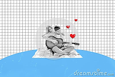 Collage artwork graphics picture of dreamy couple enjoying picnic singing songs isolated checkered blue colot background Stock Photo