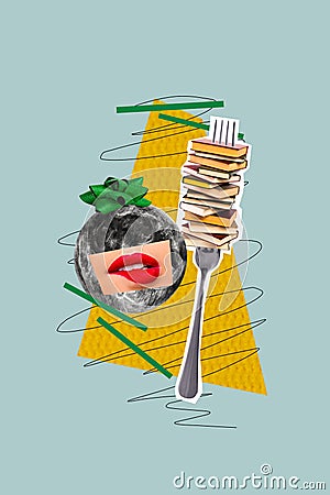 Collage artwork graphics picture of sext lady lips eating fork book pile stack isolated painting background Stock Photo