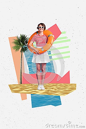 Collage artwork graphics picture of smiling happy lady working beach lifeguard isolated painting background Stock Photo