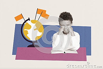 Collage artwork graphics picture of unhappy upset small boy bored preparing homework isolated painting background Stock Photo