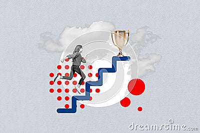Collage artwork illustration of running funny teenager aspired girl climb up stairs ladder receive prize goblet isolated Cartoon Illustration
