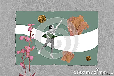 Collage artwork poster of funky crazy woman running flying air raised hand achieving dream isolated on drawing Stock Photo
