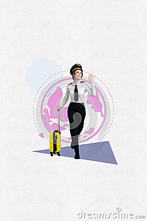 Collage artwork sketch of happy girl air hostess carrying valise showing hand saying hello isolated on drawing Stock Photo
